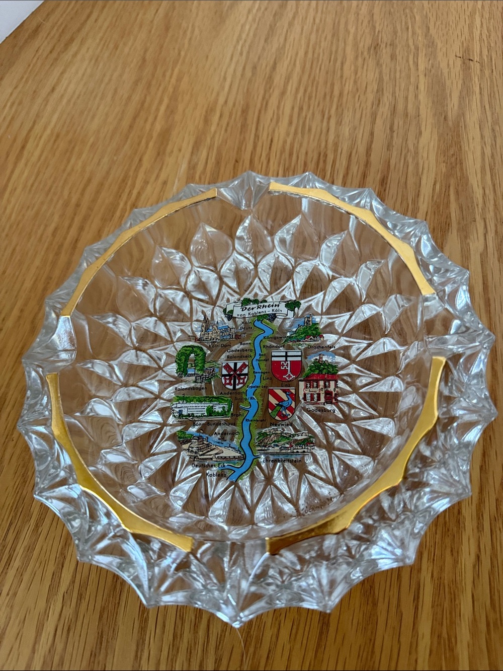 Clear Glass ashtray with Gold Trim and Rhine River motif